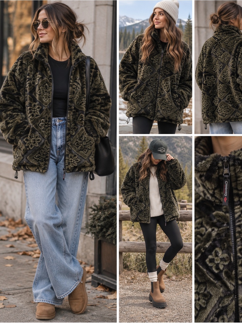 Vintage 90s Coastlines Patterned Fleece Jacket Olive Black Oversized